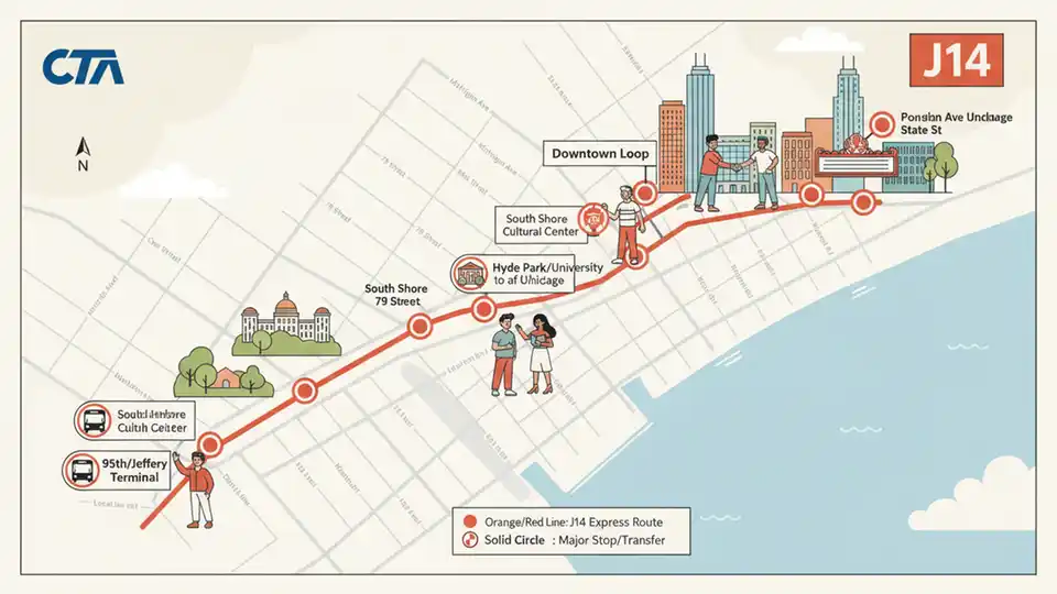 Chicago Transit Authority bus route map showing J14 Jeffery Jump corridor from South Side to downtown with key stops highlighted
