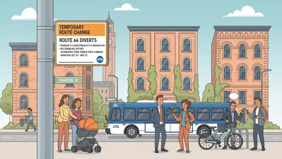 CTA bus route detour sign at Chicago bus stop showing temporary route changes with street names visible
