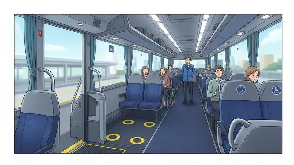 Interior of accessible V/Line coach showing wheelchair space and lift equipment