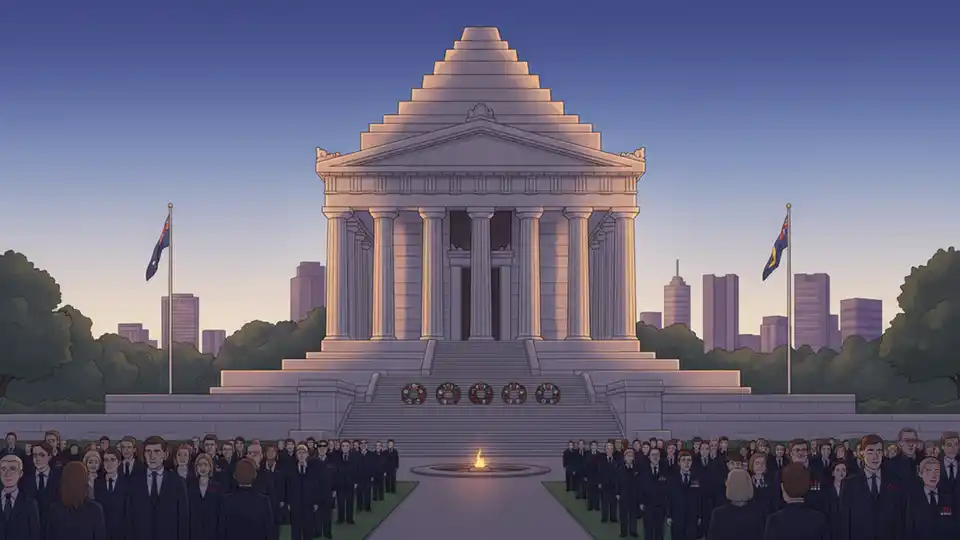 Shrine of Remembrance Melbourne at dawn with crowd gathered for ANZAC Day ceremony