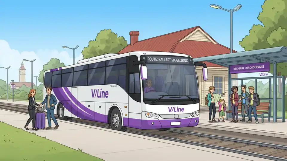 V/Line coach bus at regional station stop
