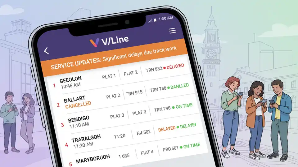 Close-up of smartphone screen showing V/Line app interface with departure times and service alerts
