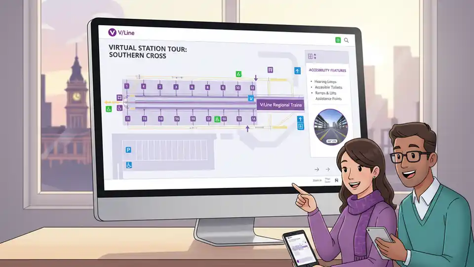 Computer screen displaying V/Line virtual station tour interface showing station layout and accessibility features