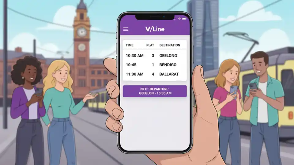 Close-up of smartphone displaying V/Line mobile app interface with train schedule and platform information