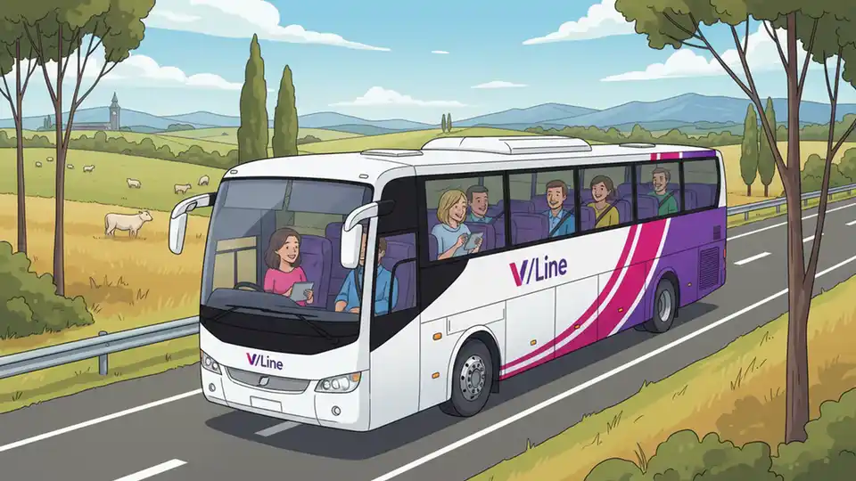 V/Line coach bus on regional Victoria route with countryside in background