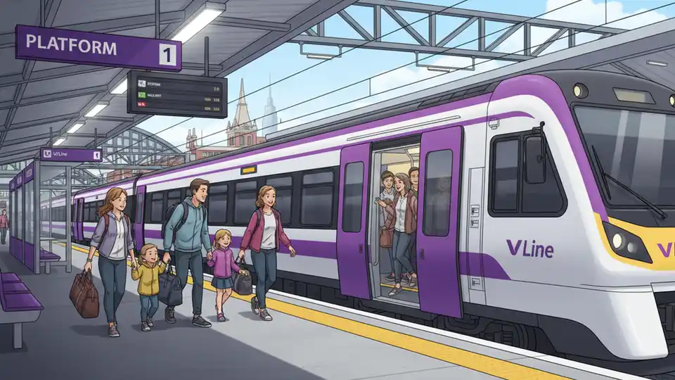 V/Line regional train at station platform with passengers boarding
