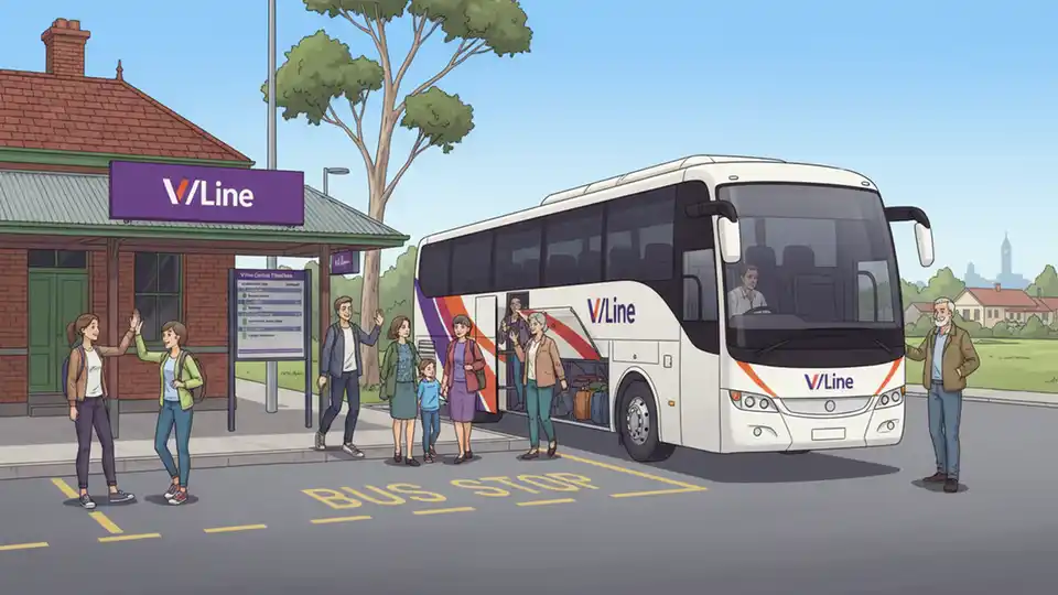 V/Line coach bus at regional station stop