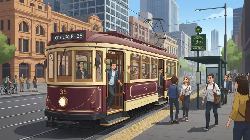 Melbourne City Circle tram Route 35 at city center stop with passengers boarding