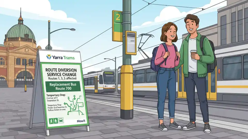 Yarra Trams route diversion signage at Melbourne tram stop showing alternative service information