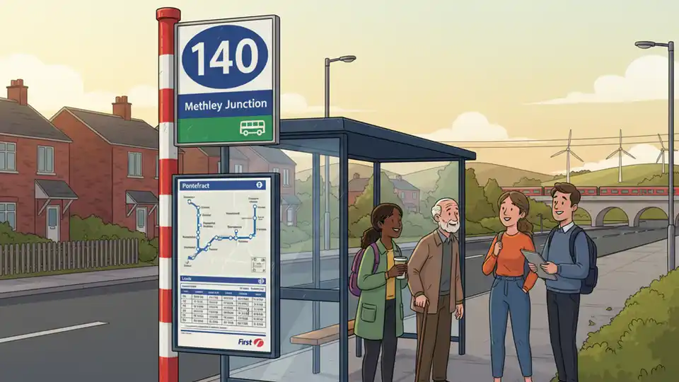 Bus stop sign for Route 140 at Methley Junction with route map showing service between Pontefract and Leeds