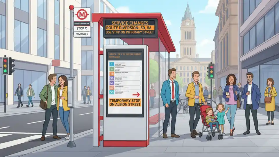 Leeds city center bus stop with route information display showing temporary service changes and alternative stop locations