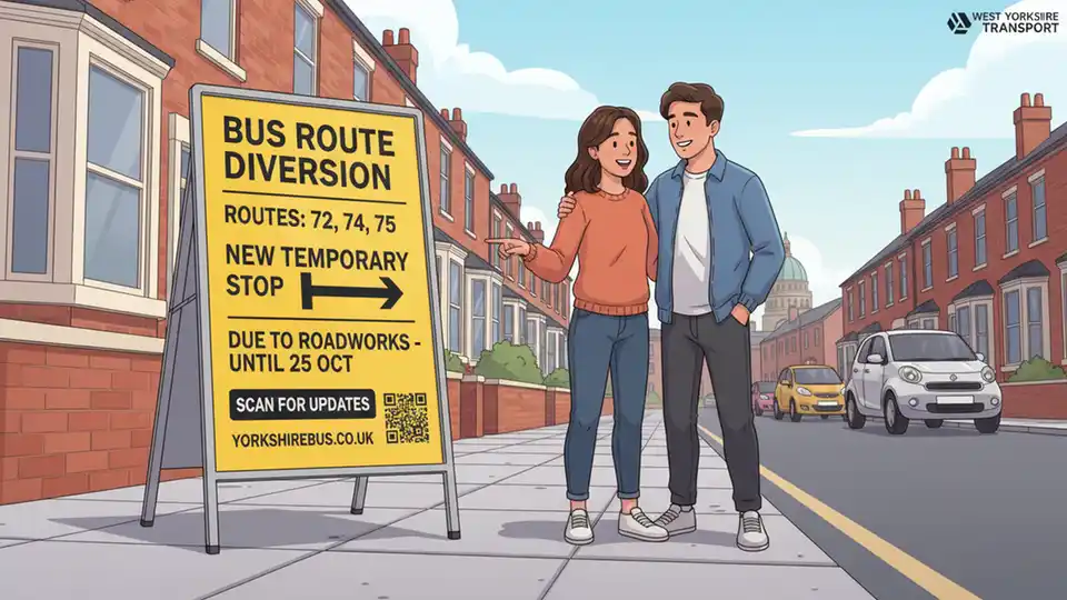 Bus route diversion sign or temporary bus stop marker on residential street in UK, showing wayfinding information for passengers during service changes