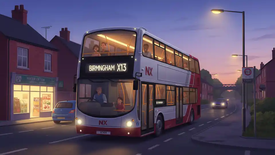 NX West Midlands bus on service X13 route in Water Orton area during evening hours