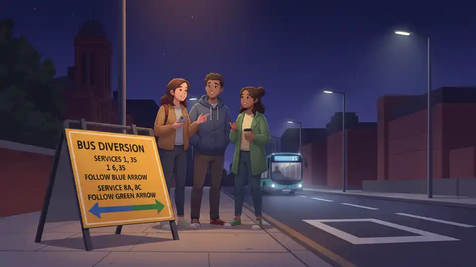 Birmingham bus route diversion sign showing alternative route information at night with street lighting visible