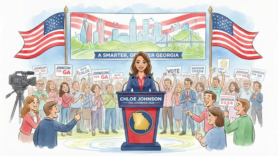 Georgia gubernatorial candidate speaking at campaign event podium with supporters in background