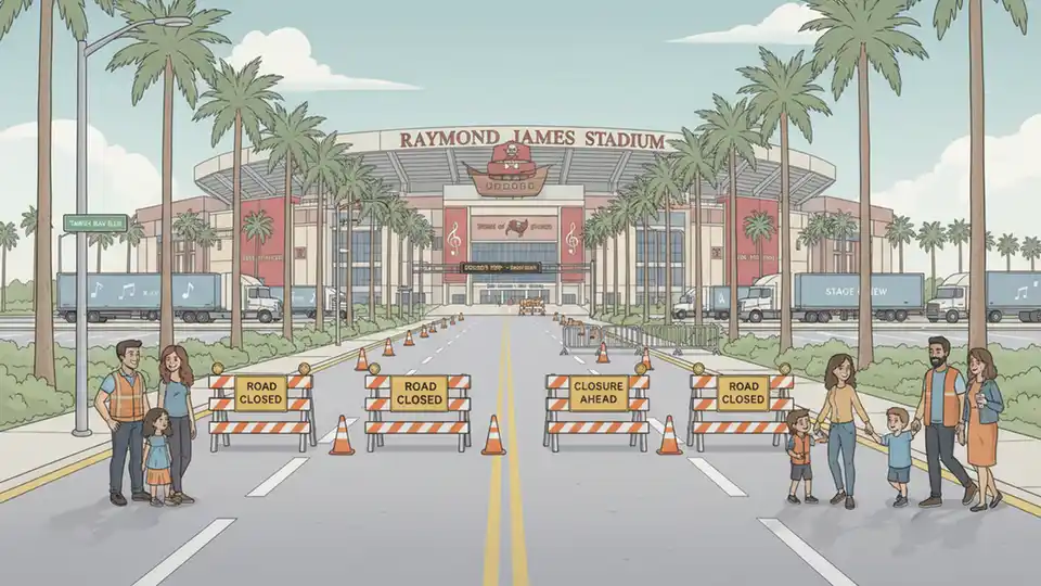 Tampa Bay Boulevard near Raymond James Stadium with road closure signs and barriers in place for concert preparation