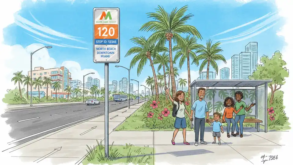 Bus stop sign showing route number and stop identification number on urban street