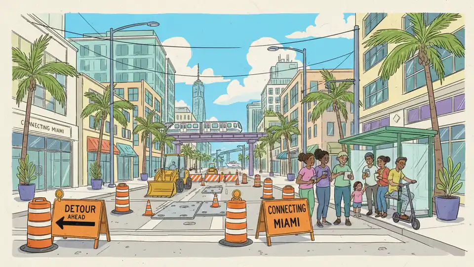 Construction work zone on urban street with detour signs and transit infrastructure