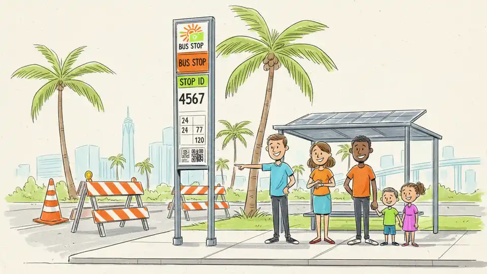 Bus stop sign with Stop ID number on urban street with construction barriers in background