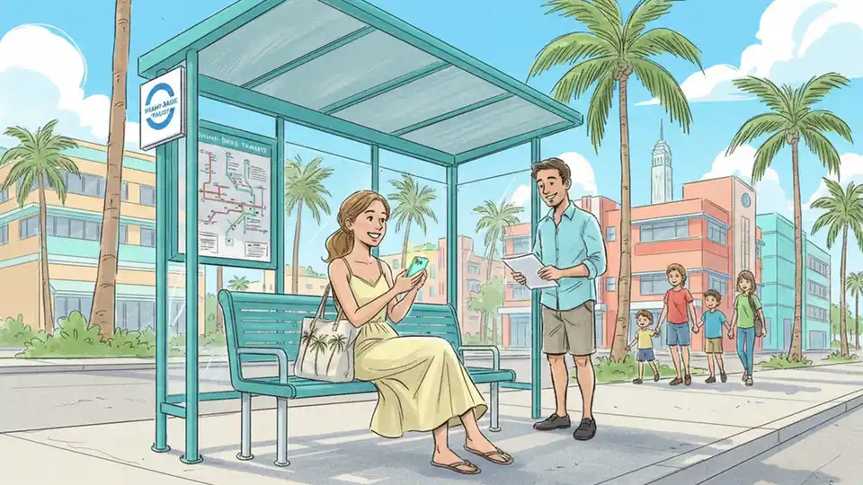 Transit rider waiting at bus stop with smartphone checking schedule