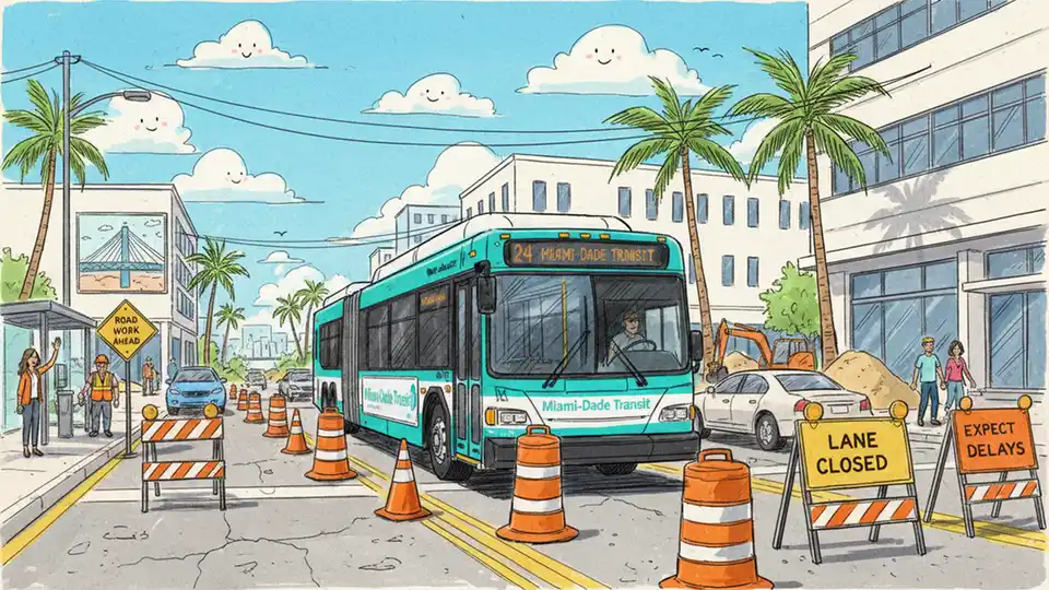 Transit bus passing construction zone on urban street with orange traffic cones and work zone signs