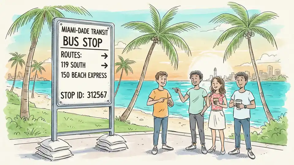 Temporary bus stop sign on A1A with route information and stop ID number displayed