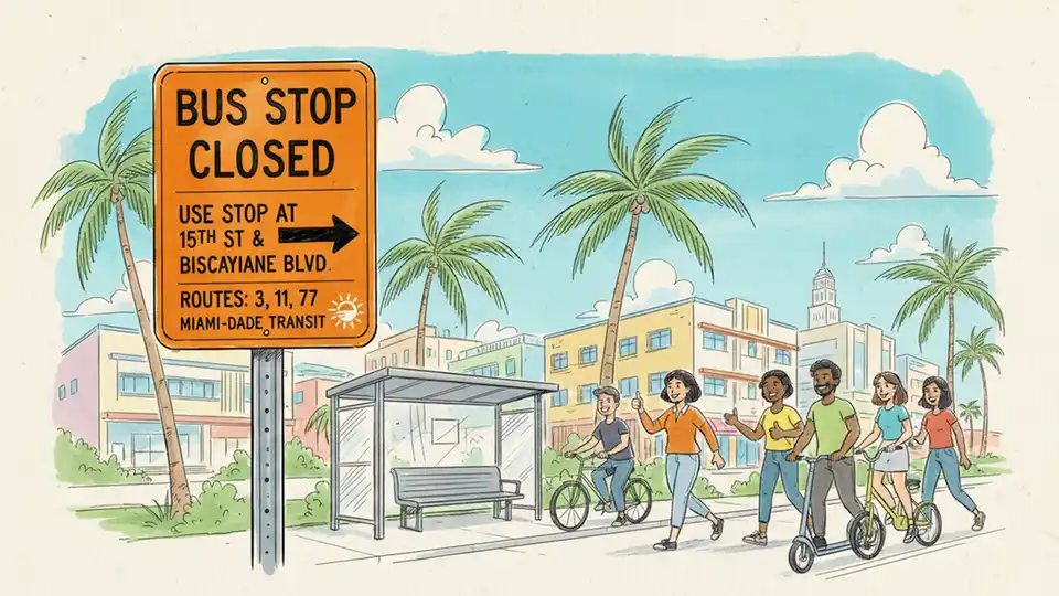 Bus stop closure sign with alternative stop directions