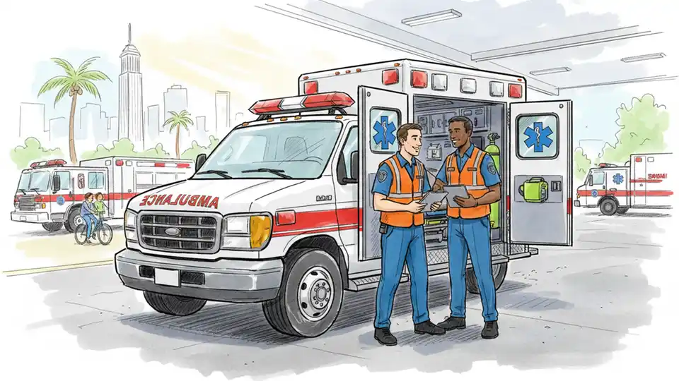 Ambulance vehicle undergoing safety inspection at county facility with inspector examining medical equipment
