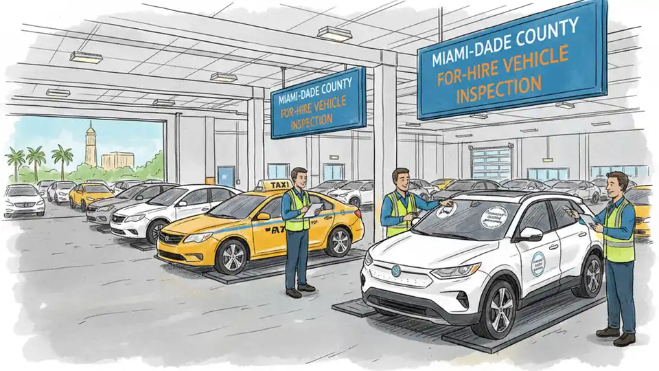 Miami-Dade County for-hire vehicle inspection station with vehicles undergoing safety checks