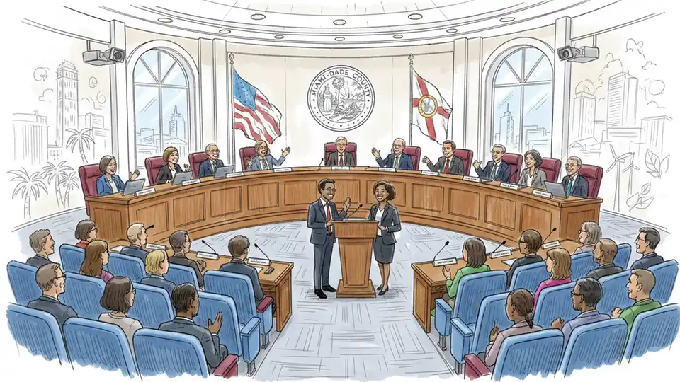 Miami-Dade County Board of County Commissioners meeting room with public seating area