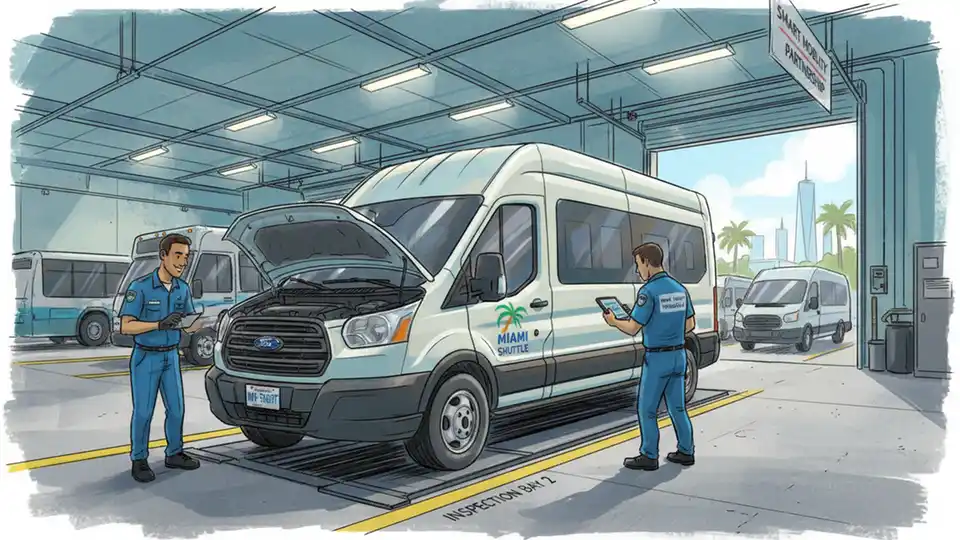 For-hire passenger van undergoing vehicle inspection at Miami-Dade County transit facility