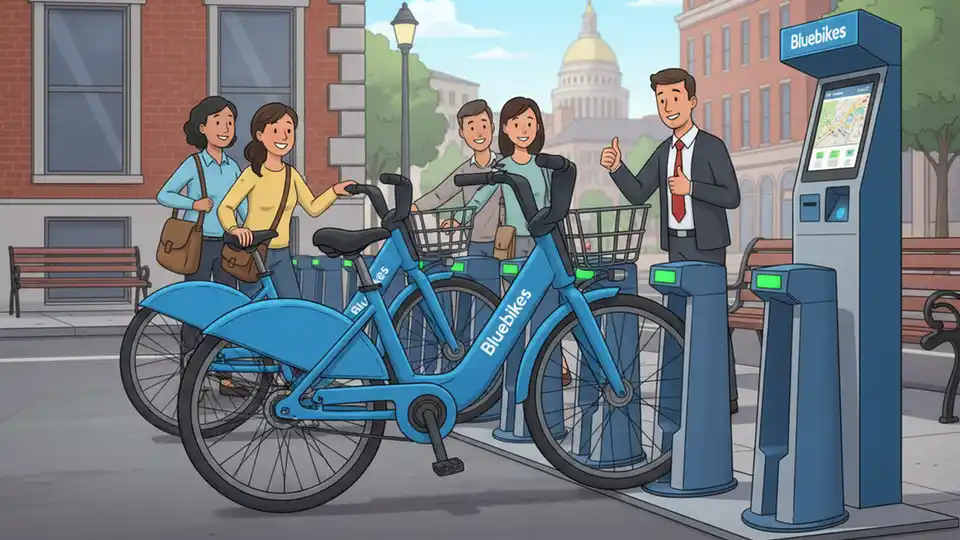 Bluebikes electric bike at docking station showing charging mechanism and bike-share technology