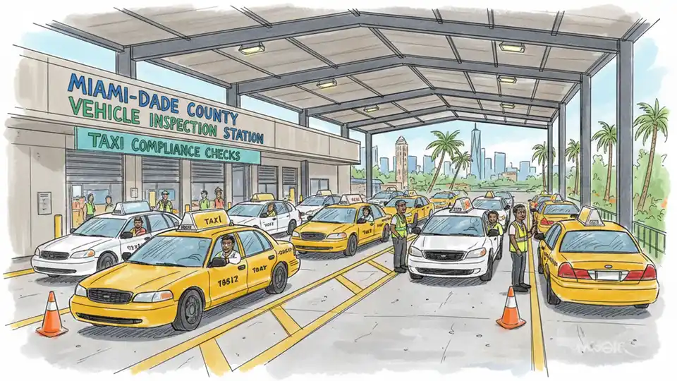 Miami-Dade County Vehicle Inspection Station with taxicabs lined up for safety compliance inspection