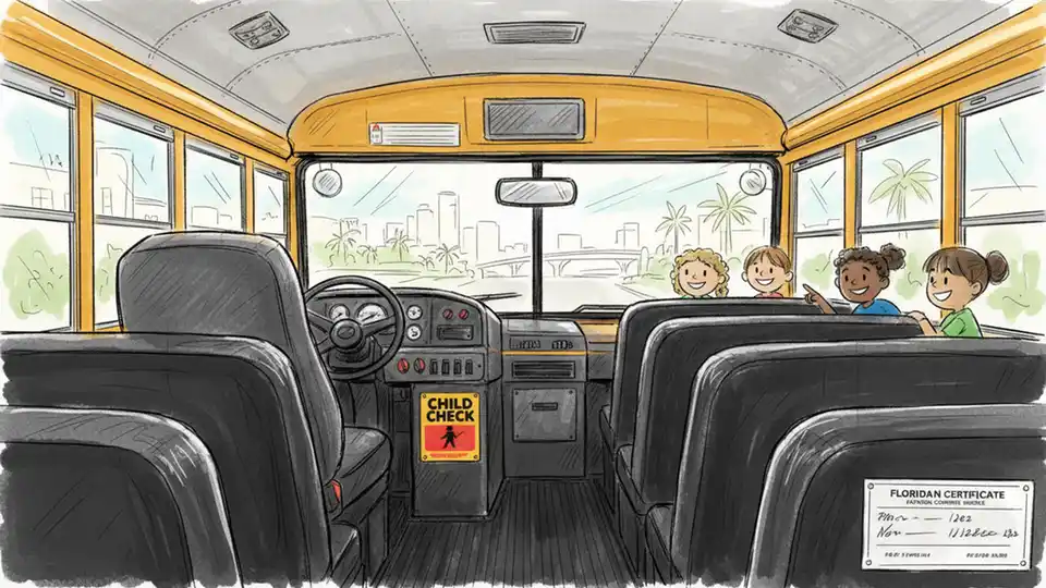 Interior of private school bus showing child safety alarm system mounted near driver's seat with inspection certificate visible on windshield