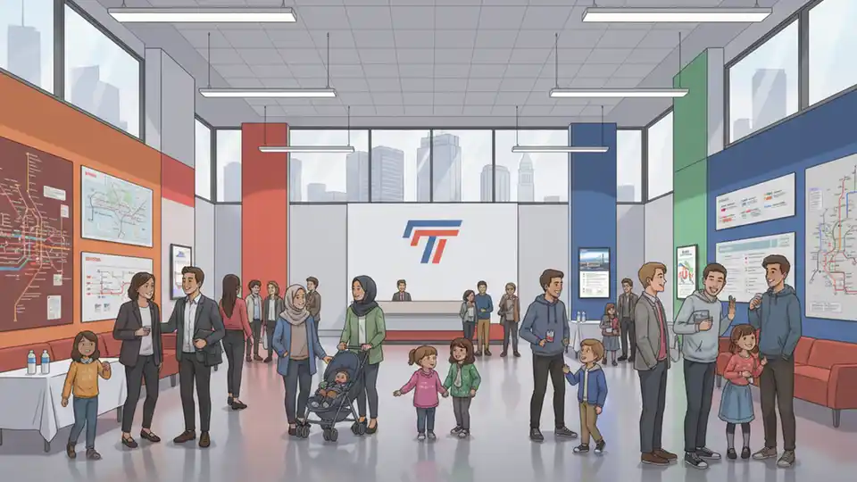 Group of young people with families at MBTA headquarters reception event, showing community gathering in transit agency building