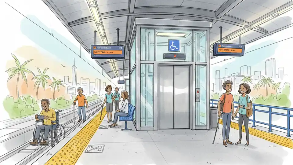 Accessible Metrorail station with elevator and tactile warning strips