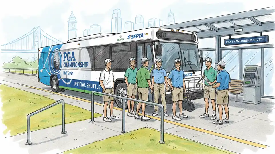 SEPTA shuttle bus with PGA Championship signage at transit station with golf fans waiting to board