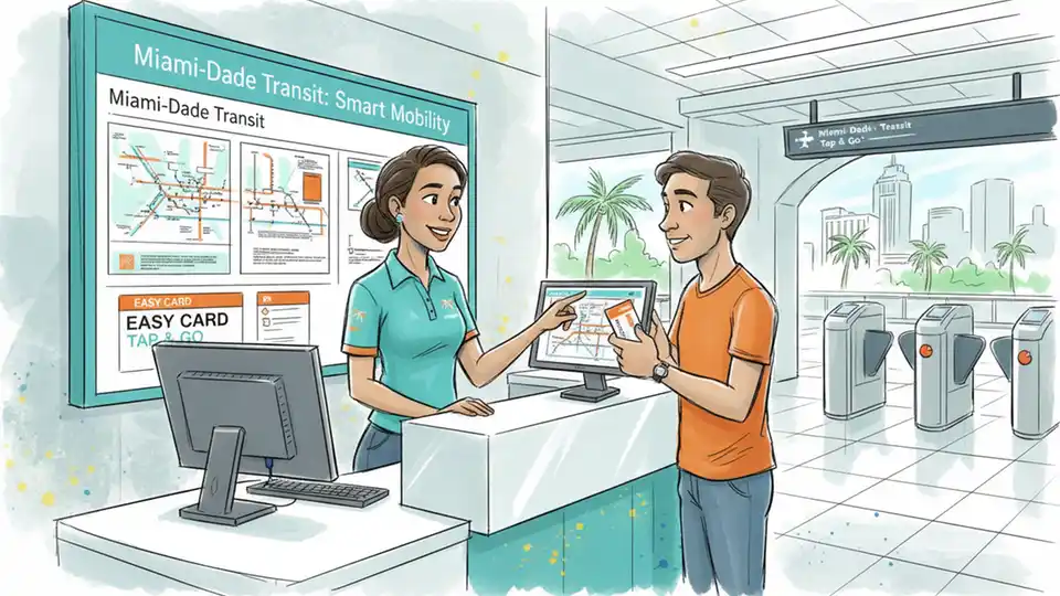 Customer service representative assisting transit rider with fare card at help desk inside station