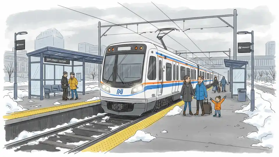 NJ Transit light rail train at station platform with snow cleared from tracks and boarding area