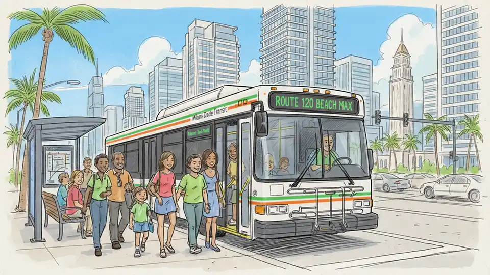 Miami-Dade Transit bus at downtown Miami stop with passengers boarding
