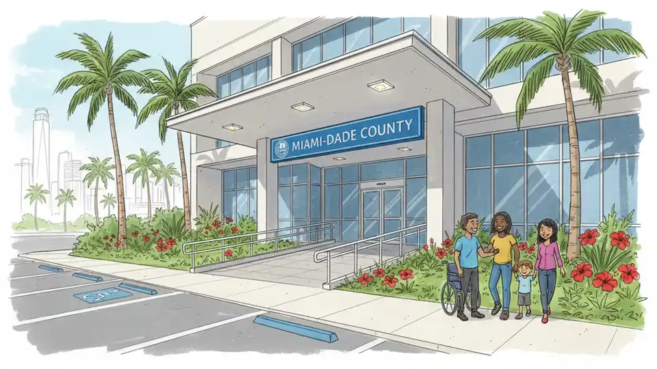 Miami-Dade County government office building entrance with accessibility ramp