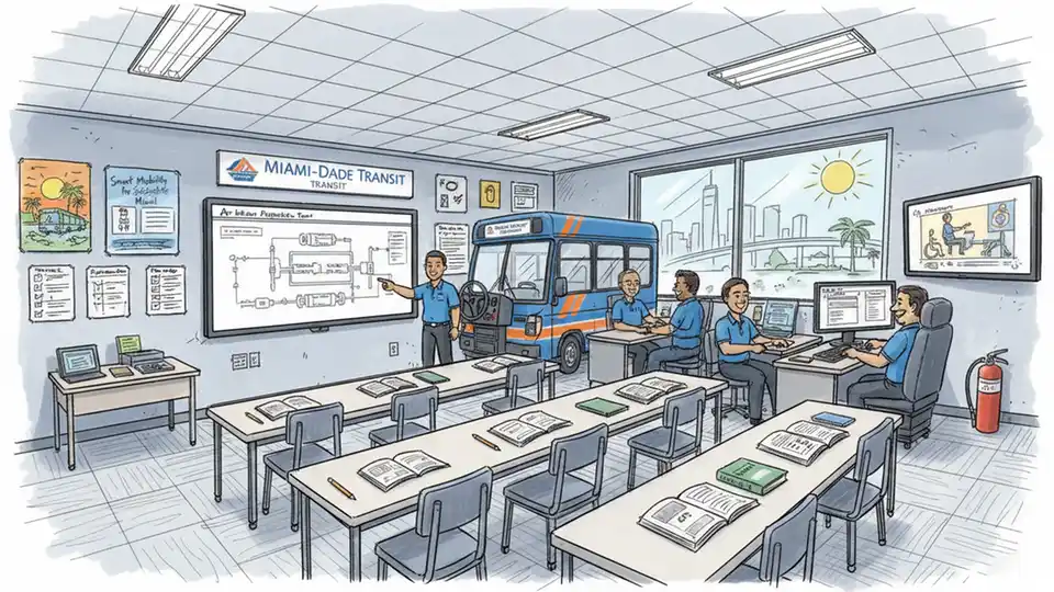 Bus operator training classroom with CDL testing materials and transit vehicle controls