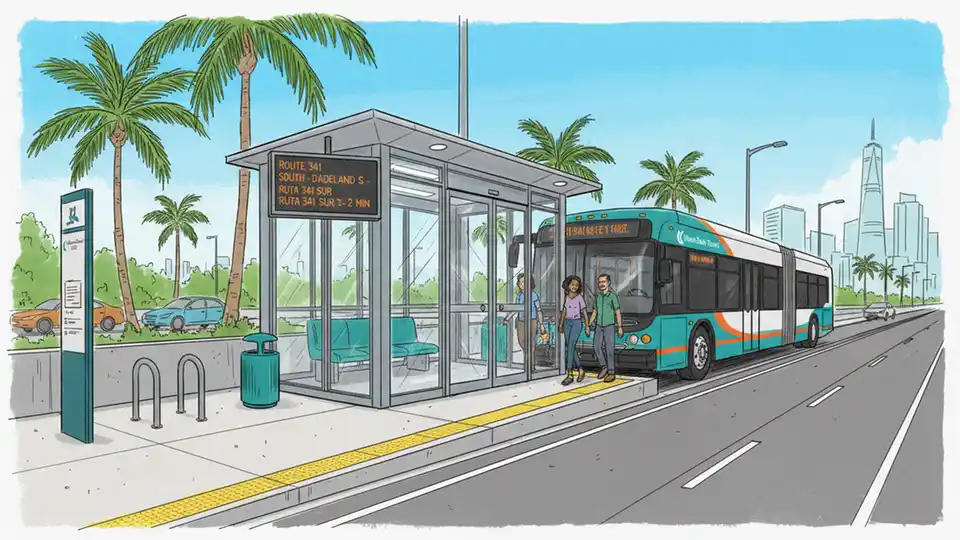 Modern BRT station along South Dade TransitWay showing level boarding platform, air-conditioned vestibule, and real-time arrival display