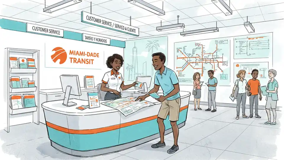 Miami-Dade transit information center with customer service representative assisting rider
