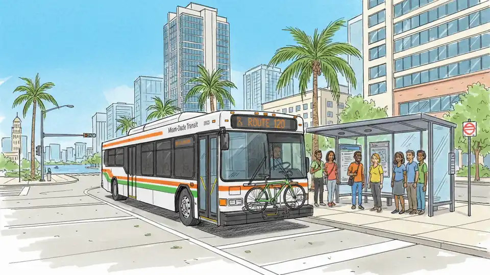 Miami-Dade transit bus at downtown stop with passengers boarding