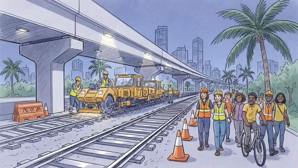 Metrorail track maintenance equipment and workers on elevated guideway during evening hours