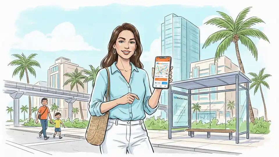Passenger using smartphone to book ride on transit app with MetroConnect interface visible on screen