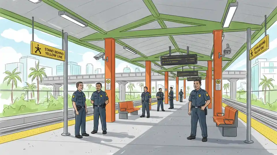Miami-Dade Metrorail station platform with security personnel and safety signage visible