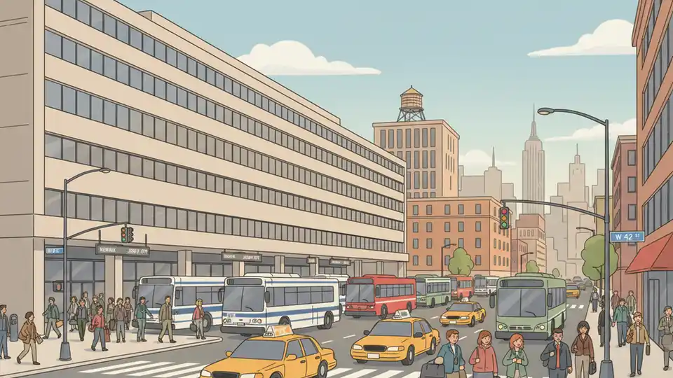 Midtown Bus Terminal exterior with commuter buses at loading bays, busy urban transit hub during daytime