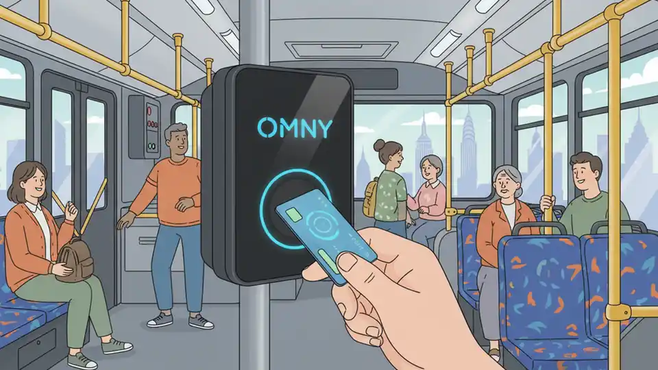 Close-up of OMNY card reader on MTA bus with contactless payment tap in progress, showing blue OMNY logo